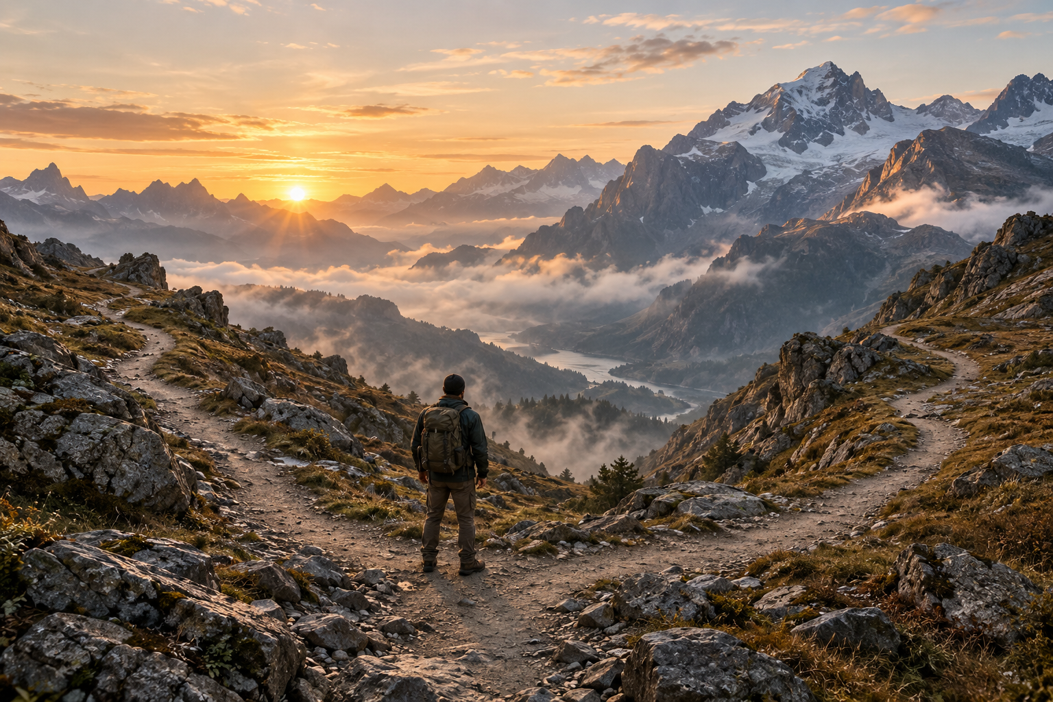 Person pausing where two mountain paths diverge at dawn