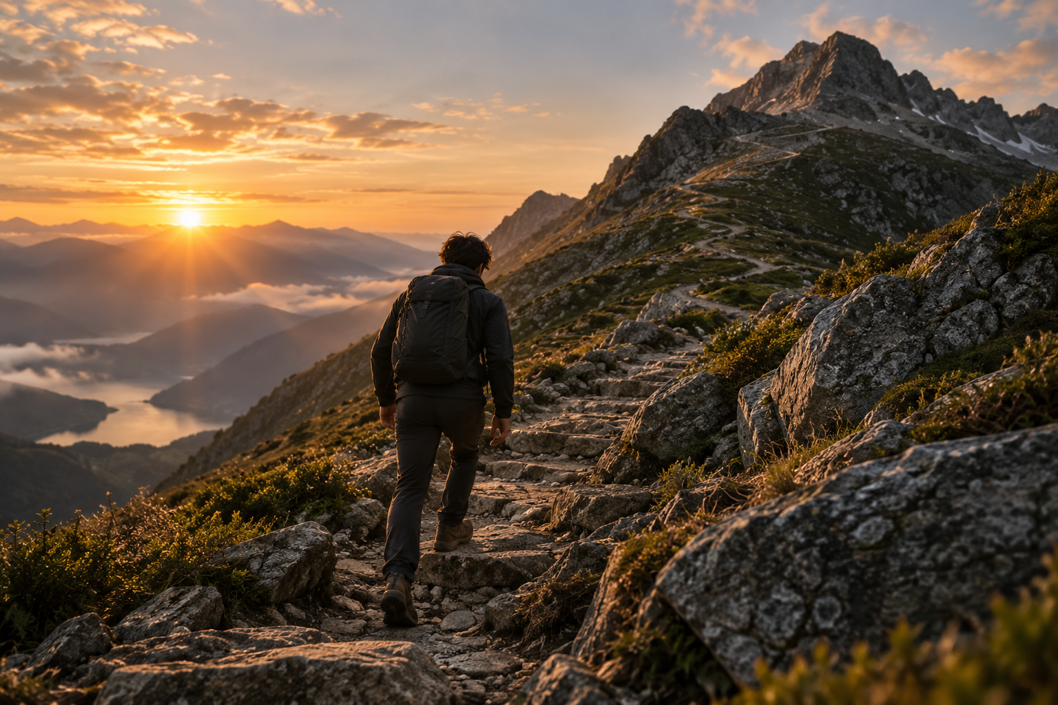 Hiker taking a step on a mountain trail at sunrise